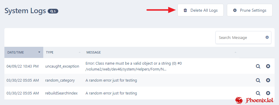 (TB) Delete All System Logs Button