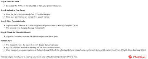 More information about "WHMCS Hook – Remove Domain Registration Panel from Client Dashboard"